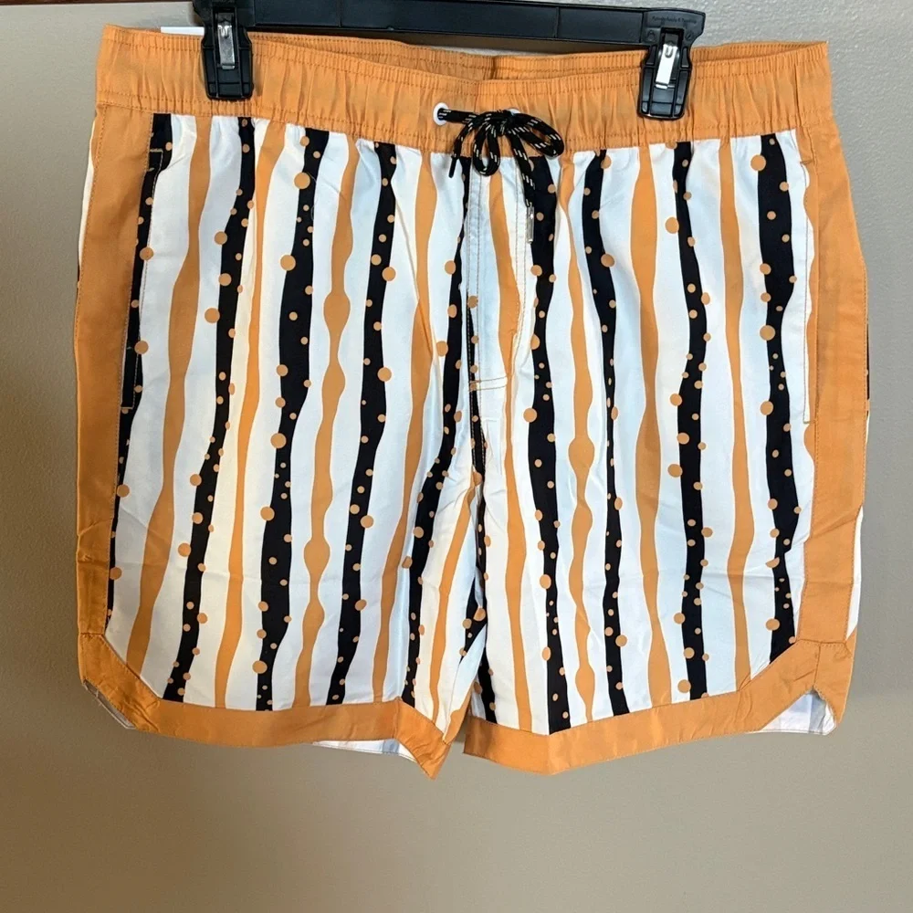 NWT men’s Stylish Orange and Black Striped Swim trunks Shorts size Large